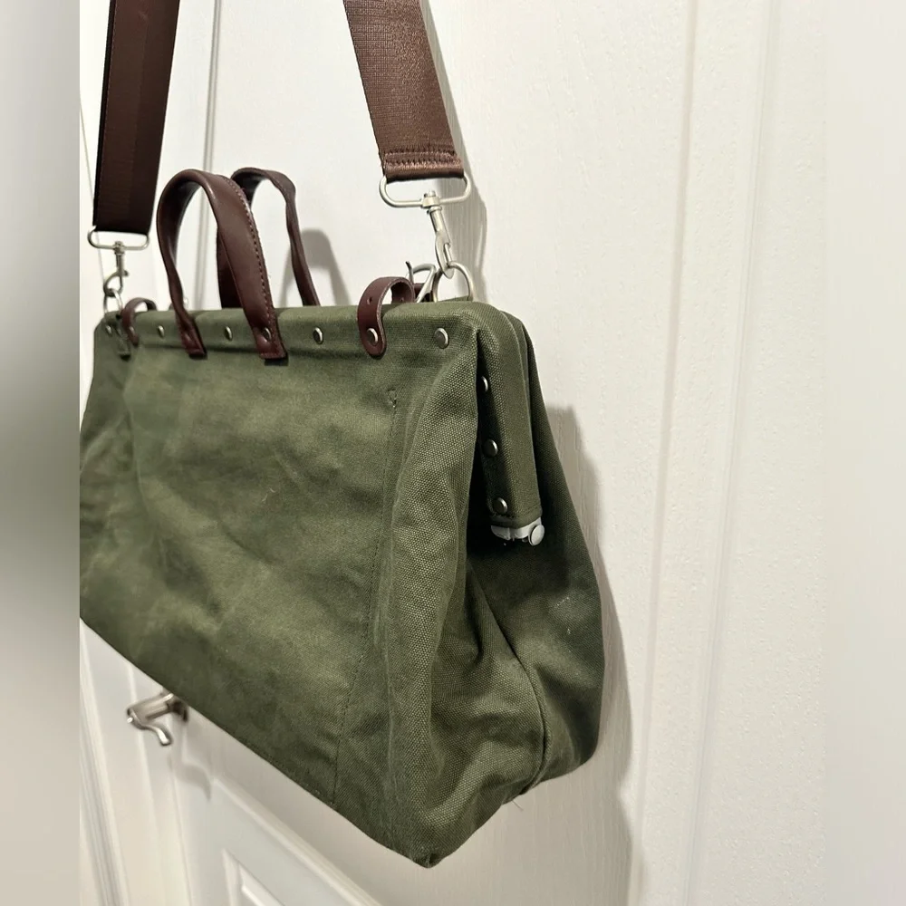 Canvas Weekender Bag LINE OF TRADE Olive Green Canvas Leather Trim - NWOT